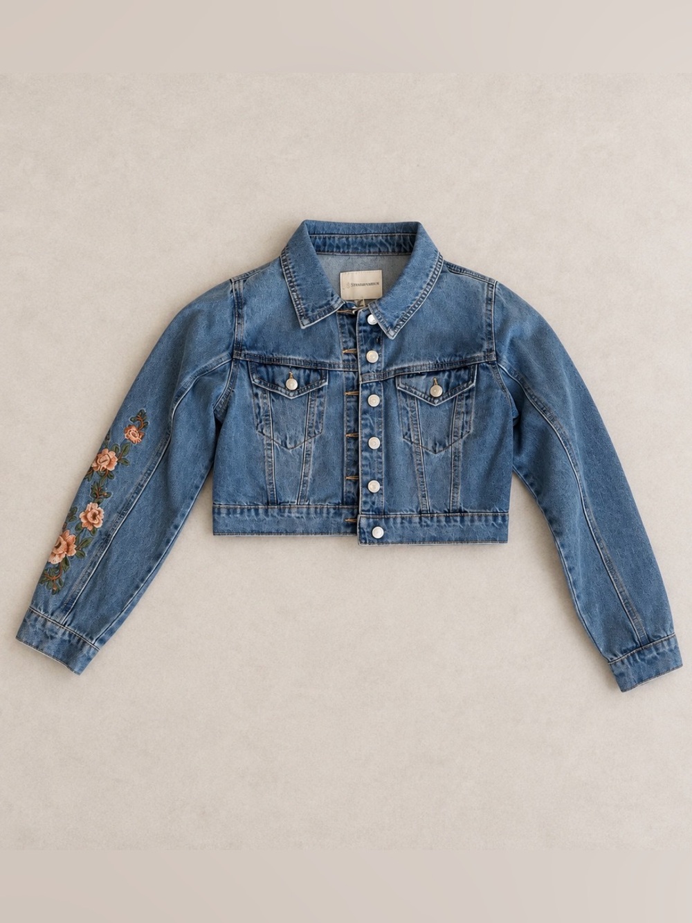 Jessica Simpson Floral Embroidered Cropped Denim Jacket XS NWT